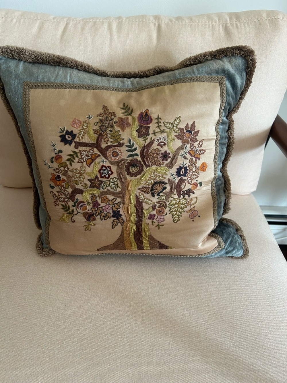 Vintage Rare Tree of Life Velvet Pillow with Antique Embroidered Appliqué